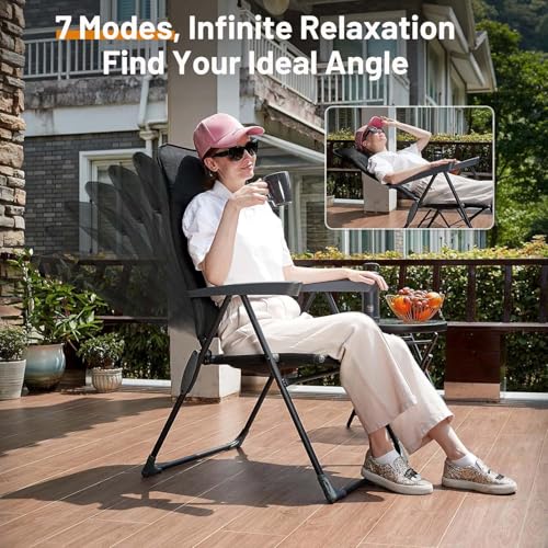 TIMBER RIDGE Adjustable Folding Patio High Back for Adults Lightweight Aluminum Padded Lawn Chair for Outside, Heavy Duty Supports 300 LBS, Black