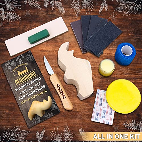 Wood Carving Kit for Beginners - Whittling kit with Rhino - Linden Woodworking Kit for Kids, Adults - Wood Carving Stainless Steel Knife with Wooden Handle-Rhino Shaped Linden Blank