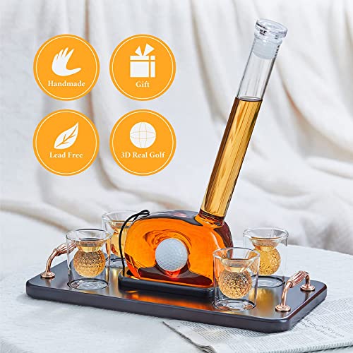 Golf Decanter Whiskey Decanter Set with 4 Golf Ball Shot Glasses - Unique Golf Gifts Golf Accessories for Men - 750ML Golf Themed Liquor Dispenser for Alcohol, Bourbon, Scotch, Vodka, Tequila, Wine