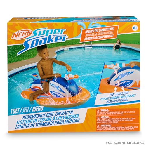 NERF Super Soaker Stormforce Ride-On Racer – Inflatable Pool Float with Pool-Fed Mega Water Blaster