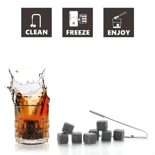 A&A Wonders Premium Whiskey Stones 100% Natural Granite Set of 9 Chilling Rocks Stone Reusable Ice Cubes for Drinks with Velvet Carrying Pouch, Gift for Whiskey Lovers - Grey, (9 Cubes)