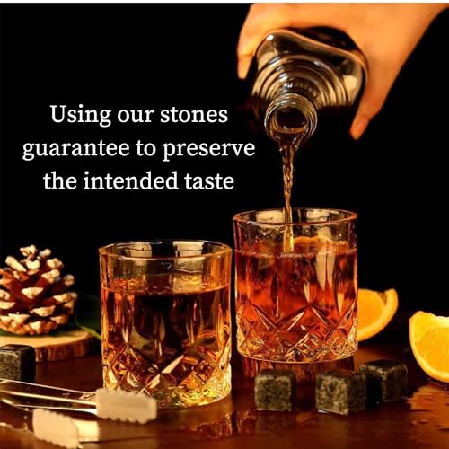 A&A Wonders Premium Whiskey Stones 100% Natural Granite Set of 9 Chilling Rocks Stone Reusable Ice Cubes for Drinks with Velvet Carrying Pouch, Gift for Whiskey Lovers - Grey, (9 Cubes)