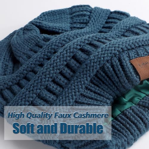 Womens Satin Lined Winter Beanie Hats Cable Knit Beanie for Men Silk Lining Thick Chunky Cap Soft Slouchy Warm Hat Blue