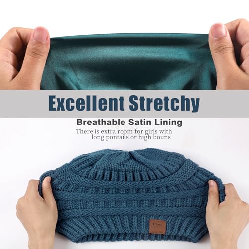 Womens Satin Lined Winter Beanie Hats Cable Knit Beanie for Men Silk Lining Thick Chunky Cap Soft Slouchy Warm Hat Blue