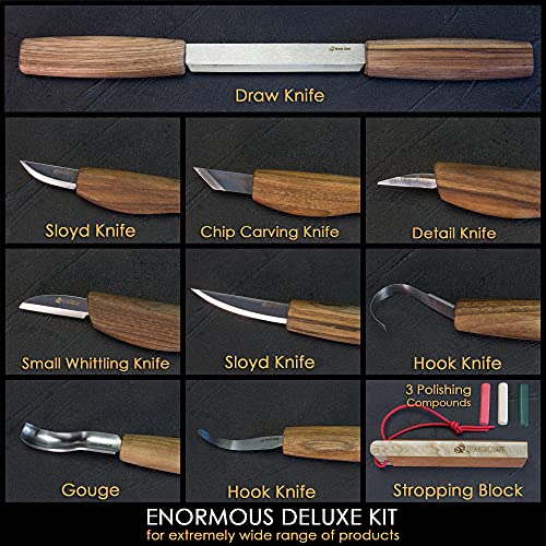 BeaverCraft Deluxe Wood Carving Kit S50X - Wood Carving Tools Wood Carving Set - Spoon Wood Carving Knives Tools Set - Whittling Kit Knife Woodworking Kit for Beginner and Profi (Brown)