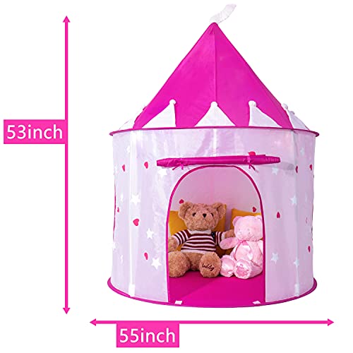 Princess Castle Play Tent with Glow in The Dark Stars, Foldable Pink Pop up Kids Tent Playhouse Toys, for Indoor Outdoor Toddler Children Girls Gifts Tent Girls Toys Age 3/4/5/6/7/8/9 Years Old