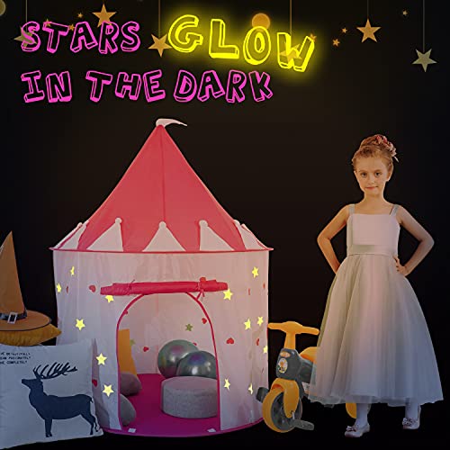 Princess Castle Play Tent with Glow in The Dark Stars, Foldable Pink Pop up Kids Tent Playhouse Toys, for Indoor Outdoor Toddler Children Girls Gifts Tent Girls Toys Age 3/4/5/6/7/8/9 Years Old