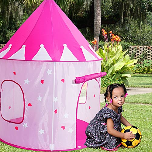 Princess Castle Play Tent with Glow in The Dark Stars, Foldable Pink Pop up Kids Tent Playhouse Toys, for Indoor Outdoor Toddler Children Girls Gifts Tent Girls Toys Age 3/4/5/6/7/8/9 Years Old