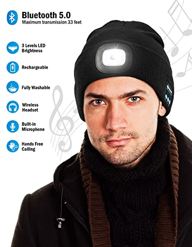 Bluetooth Beanie with Light, Unisex USB Rechargeable 4 LED Headlamp Hat with Wireless Headphones, Unique Christmas Birthday Gifts for Men Him Husband Teen (Black)