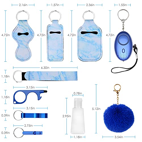 AMIR Safety Keychain Set for Women and Kids, 10 Pcs Safety Keychain Accessories, Self Defense Keychain Set for Girls with Safe Sound Personal Alarm, No Touch Door Opener, Whistle and Pom, Blue