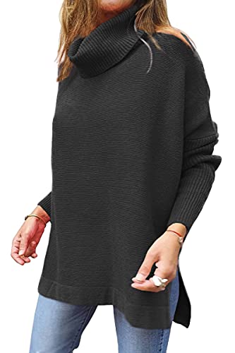 EFAN Womens Oversized Turtleneck Cashmere Chunky Sweaters Long Knit Tunic Pullover Sweater Cotton Plus Size Sweater Dress Black Large