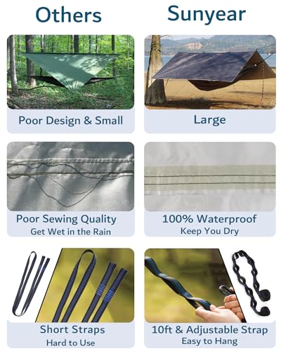 Hammock Camping with Rain Fly Tarp and Net, Portable Camping Hammock Double Tree Hammock Outdoor Indoor Backpacking Travel & Survival, 2 Tree Straps,100% Waterproof