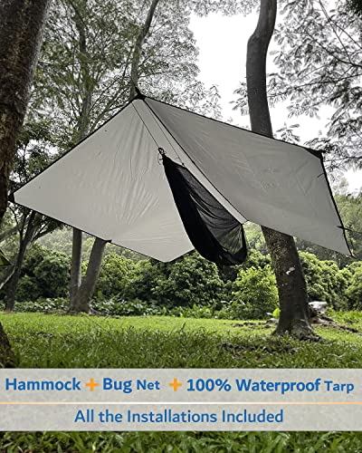 Hammock Camping with Rain Fly Tarp and Net, Portable Camping Hammock Double Tree Hammock Outdoor Indoor Backpacking Travel & Survival, 2 Tree Straps,100% Waterproof