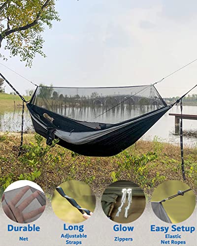 Hammock Camping with Rain Fly Tarp and Net, Portable Camping Hammock Double Tree Hammock Outdoor Indoor Backpacking Travel & Survival, 2 Tree Straps,100% Waterproof