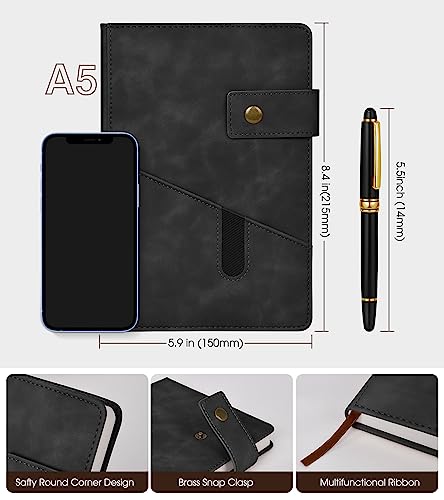 Black A5 Lined Leather Journal Notebook,Personalized Hardcover Journal Set with Pen & Gift Box,100Pages 100gsm Thick Ruled Paper Daily Diary for Men Women School,Travel,Business,Work,Home Writing