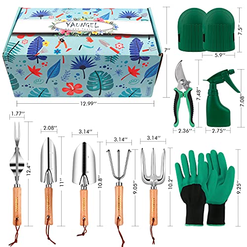 YAUNGEL Garden Tools Set, Gardening Tools Heavy Duty Stainless Steel Garden Supplies Hand Tools with Wooden Handle, Storage Tote Bag, Gardening Gifts for Women and Men, for Mom