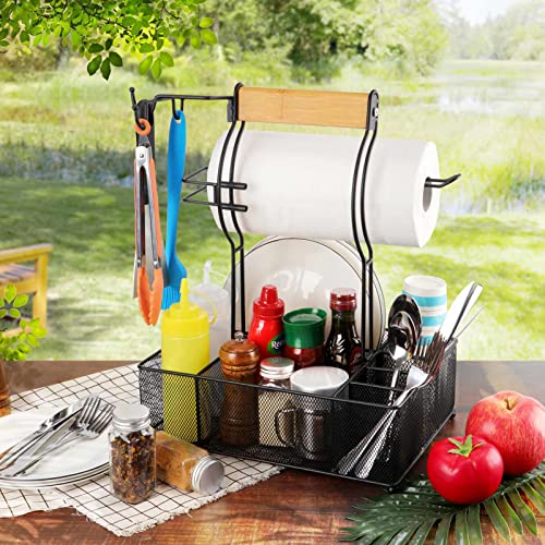 FANGSUN Grill Caddy, BBQ Caddy with Paper Towel Holder, Picnic Condiment Utensil Caddy for Outdoor Camping, Barbecue Accessories Storage Organizer for Griddle Grilling Tool, Rv Patio Camper Must