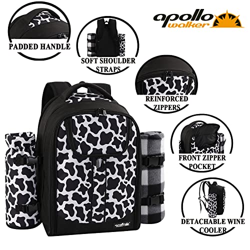 apollo walker Picnic Backpack Bag for 2 Person with Cooler Compartment, Detachable Bottle/Wine Holder, Fleece Blanket, Plates and Cutlery Set (2 Person, Black)