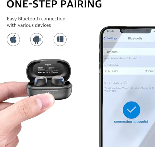 TOZO A1 Mini Wireless Earbuds Bluetooth 5.3 in Ear Light-Weight Headphones Built-in Microphone, IPX5 Waterproof, Immersive Premium Sound Long Distance Connection Headset with Charging Case, Black