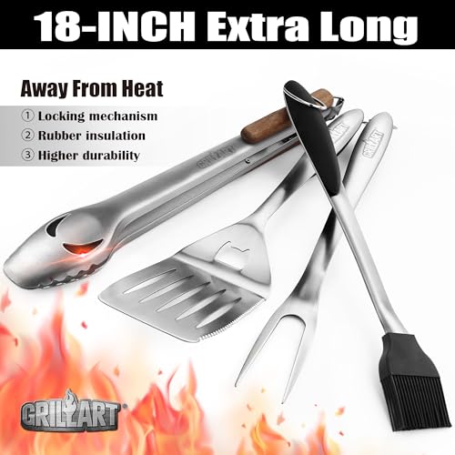 GRILLART BBQ Tools Grill Tools Set - 18Inch Grilling Tools BBQ Set - Grill Accessories w/BBQ Tongs, Spatula, Fork, Brush - Stainless Grill Kit Grilling Set - Gift Ideas BBQ Accessories, Gifts for Men