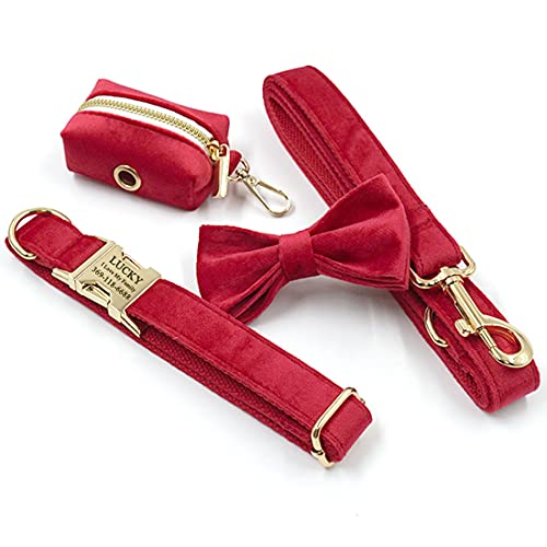 PETDURO Custom Dog Collar Personalized with Name Engraved Quick Release Rose Gold Metal Buckle for Large Medium Small Girl Dogs - Dog Leash and Bow Tie Available - Soft Comfy Velvet (Red, S)