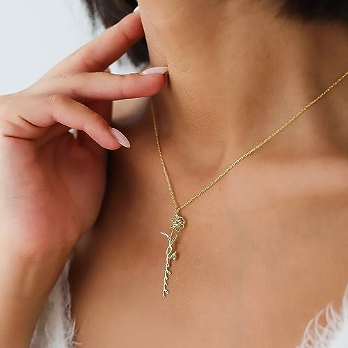 Custom Birth Flower Name Necklace Personalized 18K Gold Plated Birth Month Flower Necklace Dainty Floral Pendant Jewelry Mothers Birthday Gift for Women (Birth Flower Name Necklace)