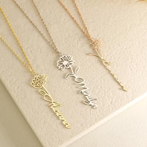 Custom Birth Flower Name Necklace Personalized 18K Gold Plated Birth Month Flower Necklace Dainty Floral Pendant Jewelry Mothers Birthday Gift for Women (Birth Flower Name Necklace)