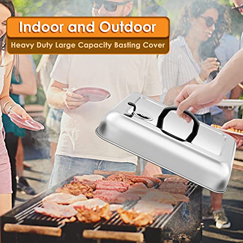 Leonyo 13 x 9 Inch Rectangular Basting Cover Set of 2, Stainless Steel Cheese Melting Dome Lid with Adjustable Vent Heavy Duty for Outdoor&Indoor Flat Top Griddle Accessories Teppanyaki BBQ Grilling