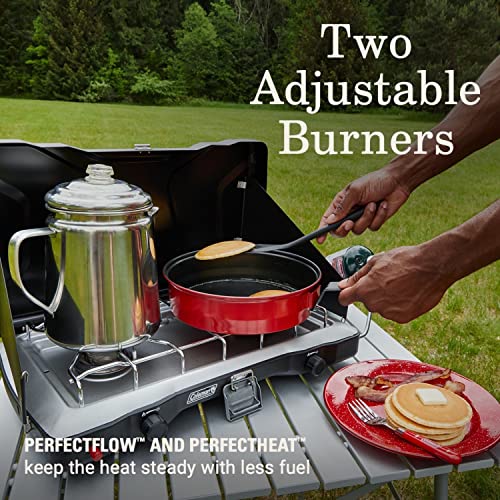 Coleman Triton+ Portable 2-Burner Propane Camping Stove, 22,000 Total BTUs, Wind Guards, Adjustable Burners, Instant Push-Button Ignition, Suitable for Backyard BBQs, Beach Cookouts, Tailgating