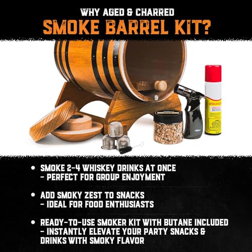 Old Fashioned Cocktail Kit for Whiskey, Bourbon & More - Premium Barrel Set, USA Oak - Cocktail Smoker Kit with Torch - Bourbon Gifts for Men - Gifts from Wife, Daughter, Son (With Butane)