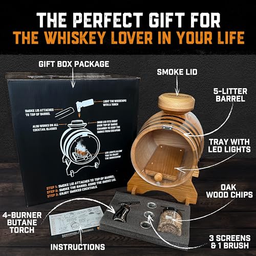 Old Fashioned Cocktail Kit for Whiskey, Bourbon & More - Premium Barrel Set, USA Oak - Cocktail Smoker Kit with Torch - Bourbon Gifts for Men - Gifts from Wife, Daughter, Son (With Butane)