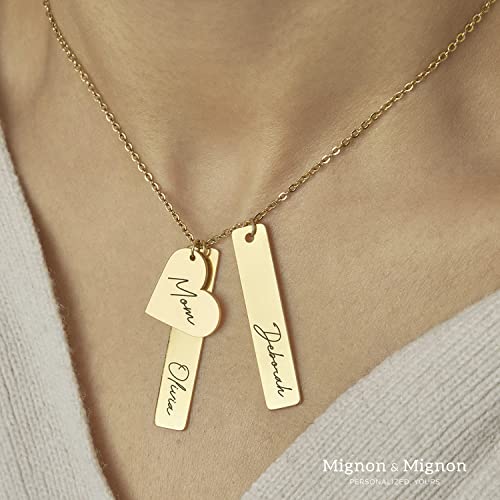 MignonandMignon Custom Name Necklace Kids Personalized Mother's Day Gift Gold Bar Engraved Jewelry Birthday Heart Charm Best Unique for Women -H8N