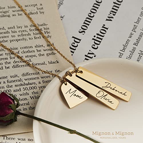 MignonandMignon Custom Name Necklace Kids Personalized Mother's Day Gift Gold Bar Engraved Jewelry Birthday Heart Charm Best Unique for Women -H8N