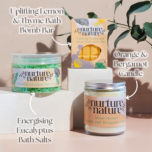 Nurture by Nature RELAX & UPLIFT Pamper Spa Kit - Mothers Day Gift - Spa Gift Baskets for Women, Organic Self Care Kit - Bath Salts, Bath Bombs, Candle - At Home Spa kit for women, Bath Set