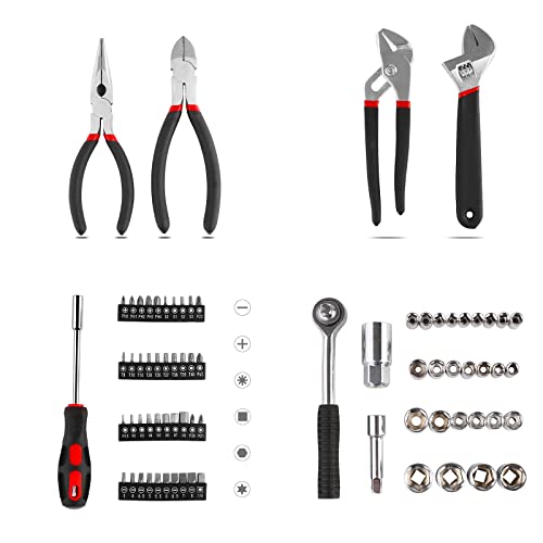 TLGREEN 95 Piece Tool Set, Tool Kit, Mechanics Tool Set, Fathers Day Gifts, Portable Toolbox with Adjustable Wrench Pliers Socket Bits, with Plastic Toolbox, for House Apartment Garage (Red)