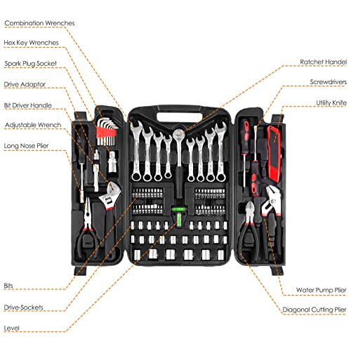 TLGREEN 95 Piece Tool Set, Tool Kit, Mechanics Tool Set, Fathers Day Gifts, Portable Toolbox with Adjustable Wrench Pliers Socket Bits, with Plastic Toolbox, for House Apartment Garage (Red)