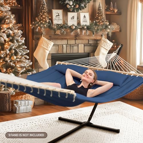 SUNCREAT Double Outdoor Hammock with Hardwood Spreader Bar, Extra Large Pillow, 475 lbs Capacity, Heavy Duty 2 Person Hammock, Blue