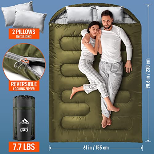 MEREZA Double Sleeping Bag for Adults Mens with Pillow, XL Queen Size Two Person Sleeping Bag for All Season Camping Hiking Backpacking 2 Person Sleeping Bags for Cold Weather & Warm