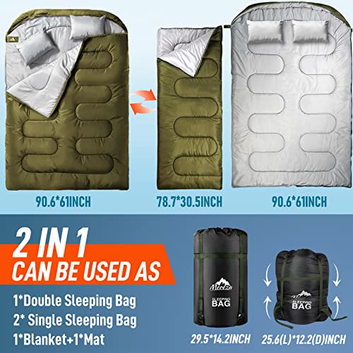 MEREZA Double Sleeping Bag for Adults Mens with Pillow, XL Queen Size Two Person Sleeping Bag for All Season Camping Hiking Backpacking 2 Person Sleeping Bags for Cold Weather & Warm