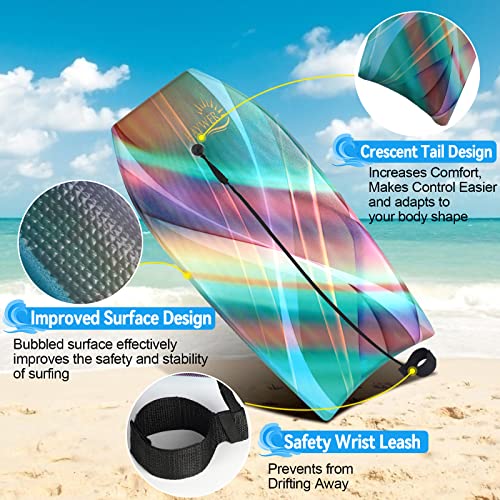 Body Board Lightweight with EPS Core, HDPE Slick Bottom, Leash & Adjustable Wrist Rope, Great Surfing for Kids and Adults