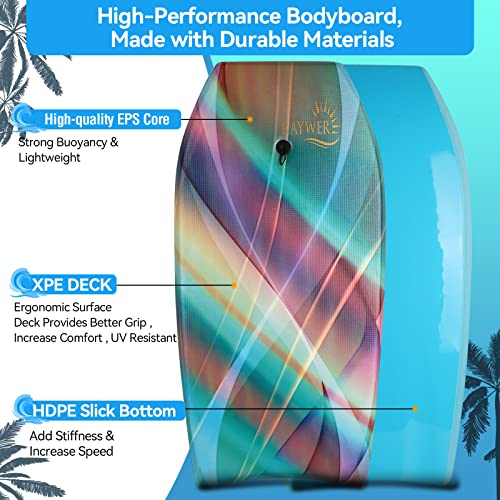 Body Board Lightweight with EPS Core, HDPE Slick Bottom, Leash & Adjustable Wrist Rope, Great Surfing for Kids and Adults