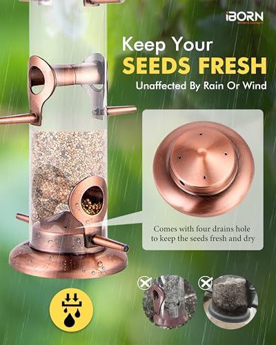 iBorn Metal Bird Feeders Brushed Copper Wild Bird Feeder for Outdoors Hanging All Metal Brushed Copper Finishing 14 Inch 6 Port(Seed is not Included)