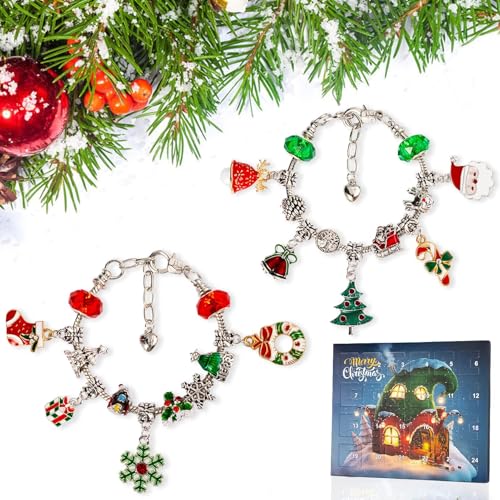 Christmas Advent Calendar Bracelets 2024 for Girls 24 Days Xmas Countdown Calendar DIY Jewelry Making Kit Gift 22 Charm Beads 2 Bracelets for Kids Teens Women