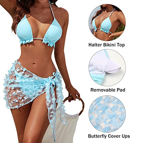 Blooming Jelly Womens 3 Piece Swimsuits Triangle Halter Thong Bikini Set Butterfly Bathing Suits Sarongs