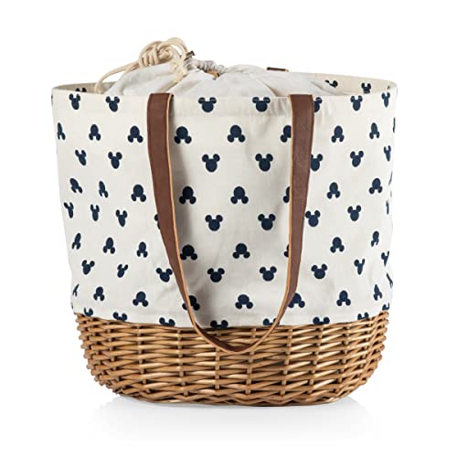 PICNIC TIME - Disney Classic Mickey Silhouette Coronado Canvas and Willow Basket Tote - Picnic Basket Tote Bag - Beach Tote, (Cream with Navy Blue Pattern)