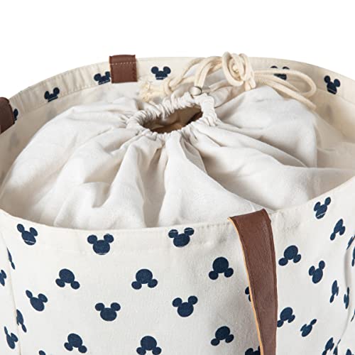 PICNIC TIME - Disney Classic Mickey Silhouette Coronado Canvas and Willow Basket Tote - Picnic Basket Tote Bag - Beach Tote, (Cream with Navy Blue Pattern)