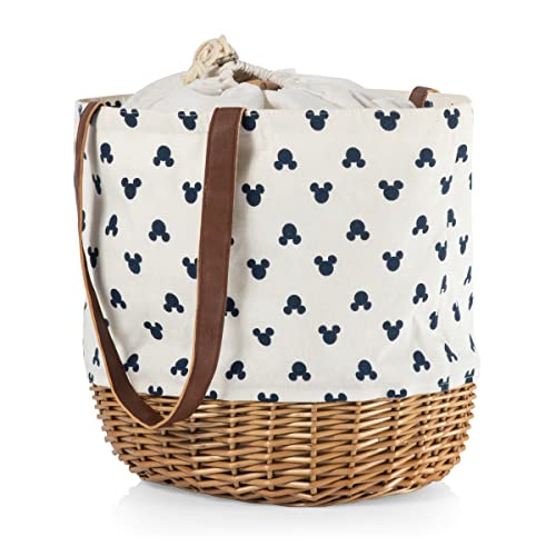 PICNIC TIME - Disney Classic Mickey Silhouette Coronado Canvas and Willow Basket Tote - Picnic Basket Tote Bag - Beach Tote, (Cream with Navy Blue Pattern)