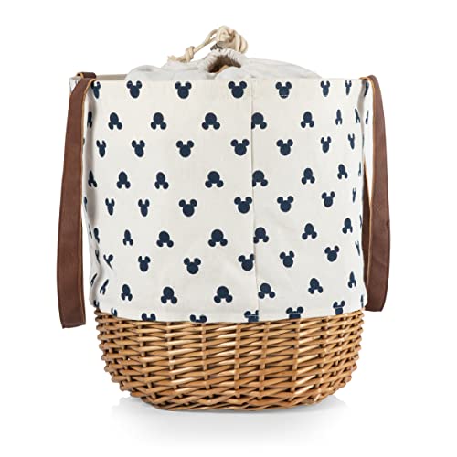 PICNIC TIME - Disney Classic Mickey Silhouette Coronado Canvas and Willow Basket Tote - Picnic Basket Tote Bag - Beach Tote, (Cream with Navy Blue Pattern)