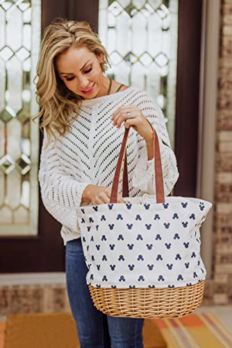 PICNIC TIME - Disney Classic Mickey Silhouette Coronado Canvas and Willow Basket Tote - Picnic Basket Tote Bag - Beach Tote, (Cream with Navy Blue Pattern)