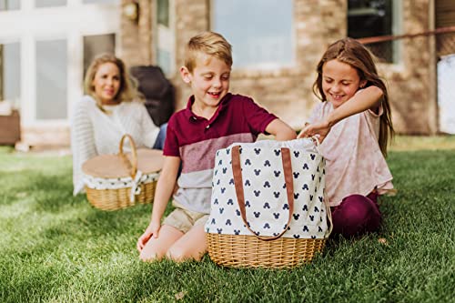 PICNIC TIME - Disney Classic Mickey Silhouette Coronado Canvas and Willow Basket Tote - Picnic Basket Tote Bag - Beach Tote, (Cream with Navy Blue Pattern)